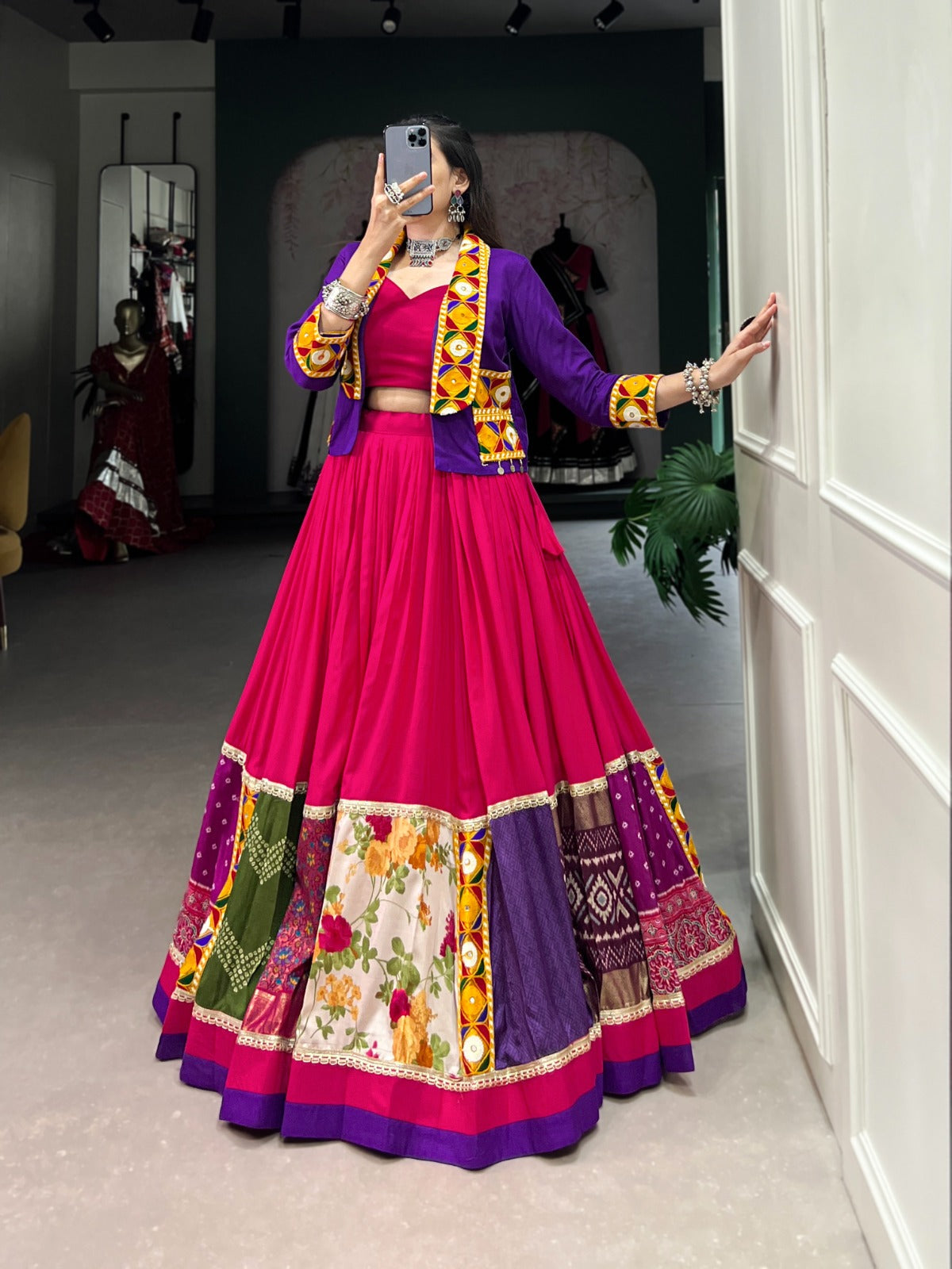 Lorenvalley Pink Pure Rayon with Plain With Printed And Gamthi Patch Work With Lace Touch Up Lehenga Choli