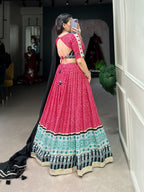 Lorenvalley Pink Rayon with Bandhej And Ajarakh Print With Embossed Design Gota Lace Touch up Lehenga Choli