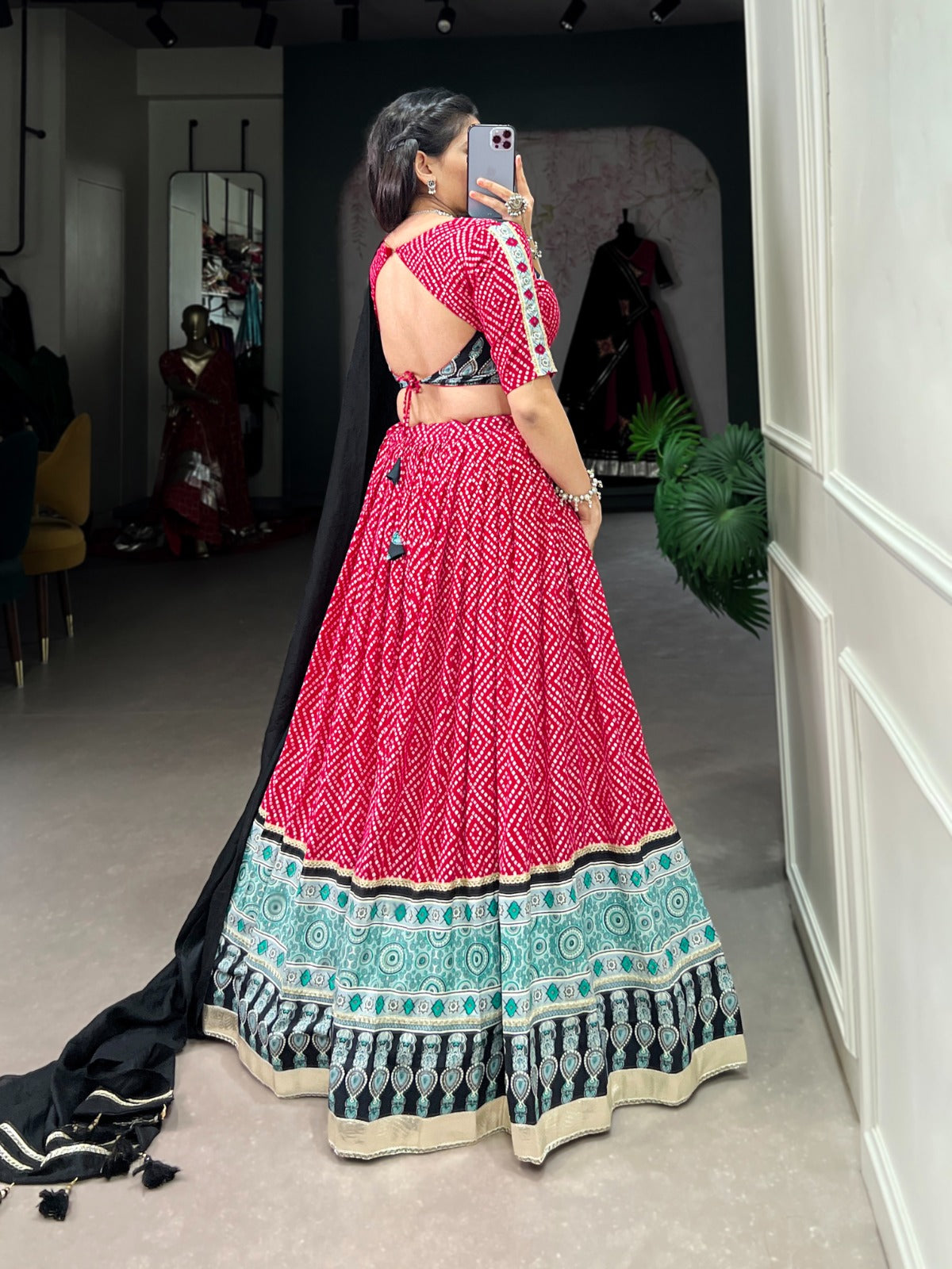 Lorenvalley Pink Rayon with Bandhej And Ajarakh Print With Embossed Design Gota Lace Touch up Lehenga Choli