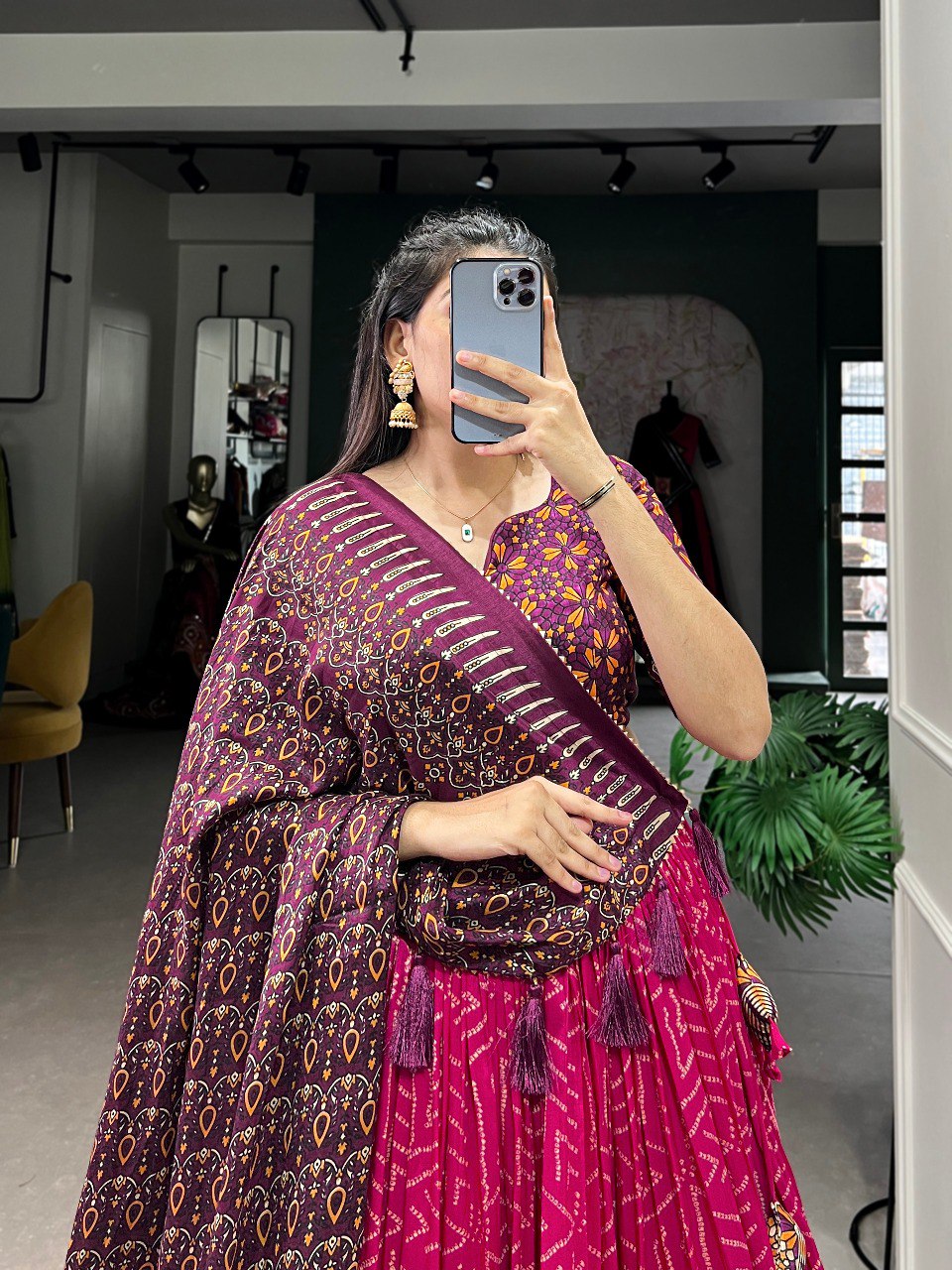Lorenvalley Pink Tussar Silk Bandhej And Ajarakh Print Lehenga Choli with Dupatta