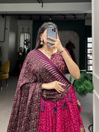 Lorenvalley Pink Tussar Silk Bandhej And Ajarakh Print Lehenga Choli with Dupatta