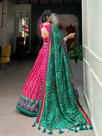 Lorenvalley Pink Tussar Silk Lehenga Leheriya Patola Print Border With Choli Bandhej Print With Bandhej Print Gotta Patti Lace Border Dupatta