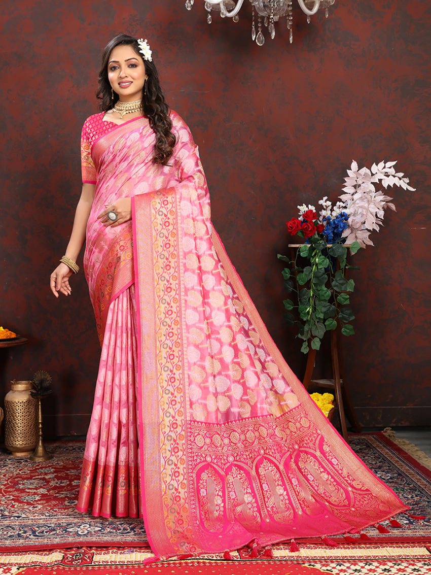 Lorenvalley Fashion Pink Organza Silk Woven Design with Rich Meenakari Weaving Pallu Saree