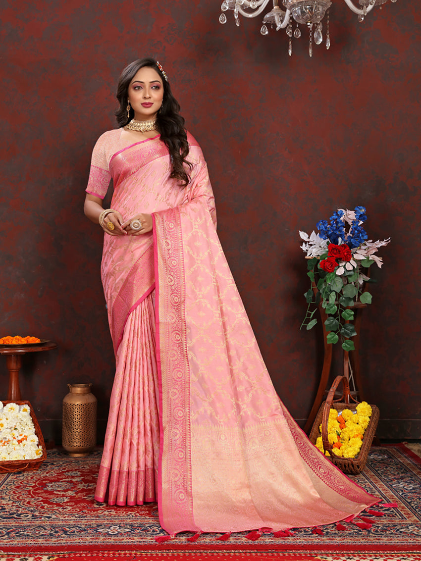 Lorenvalley Fashion Pink Soft Katan Silk Woven Design Zari Weaving Pallu Saree