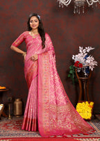 Lorenvalley Fashion Pink Organza Silk Woven Design with Rich Meenakari Weaving Pallu Saree