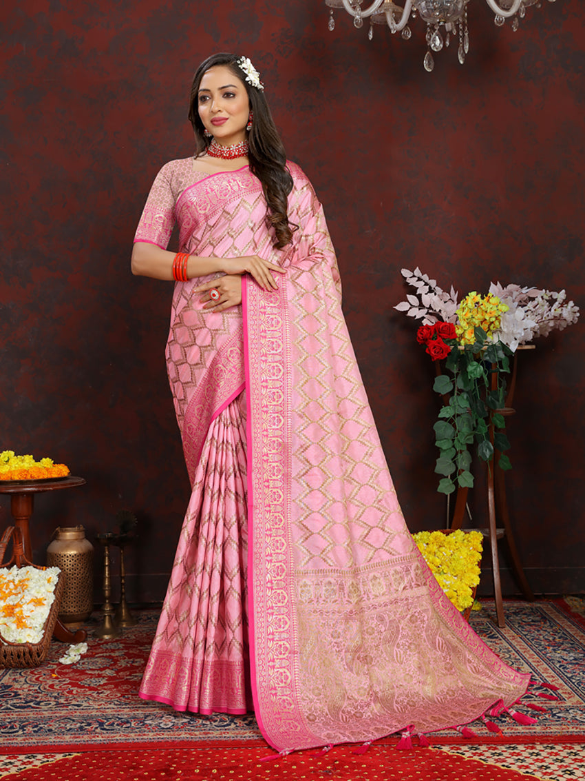 Lorenvalley Fashion Pink Soft Katan Silk Woven Design Rich Zari Weaving Pallu Saree