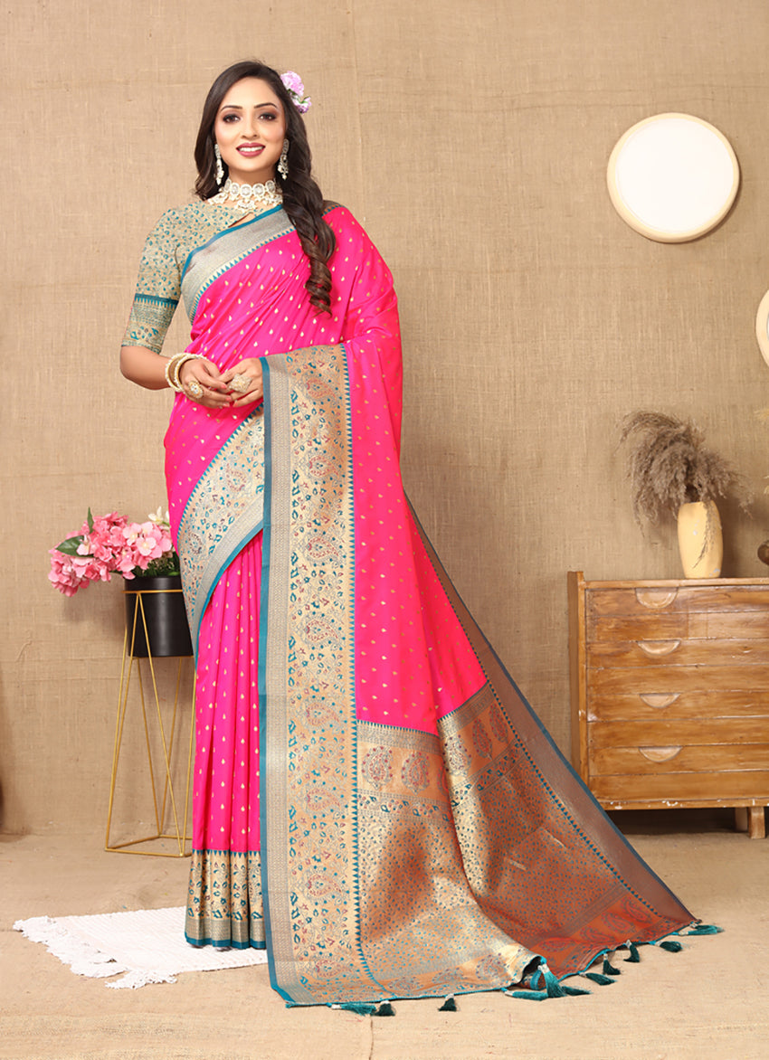 Lorenvalley Fashion Pink Soft Silk weaving Design Rich Zari Weaving Saree