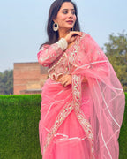 Evanik Pink Net Embroidery work Saree with Moti Hand work Blouse