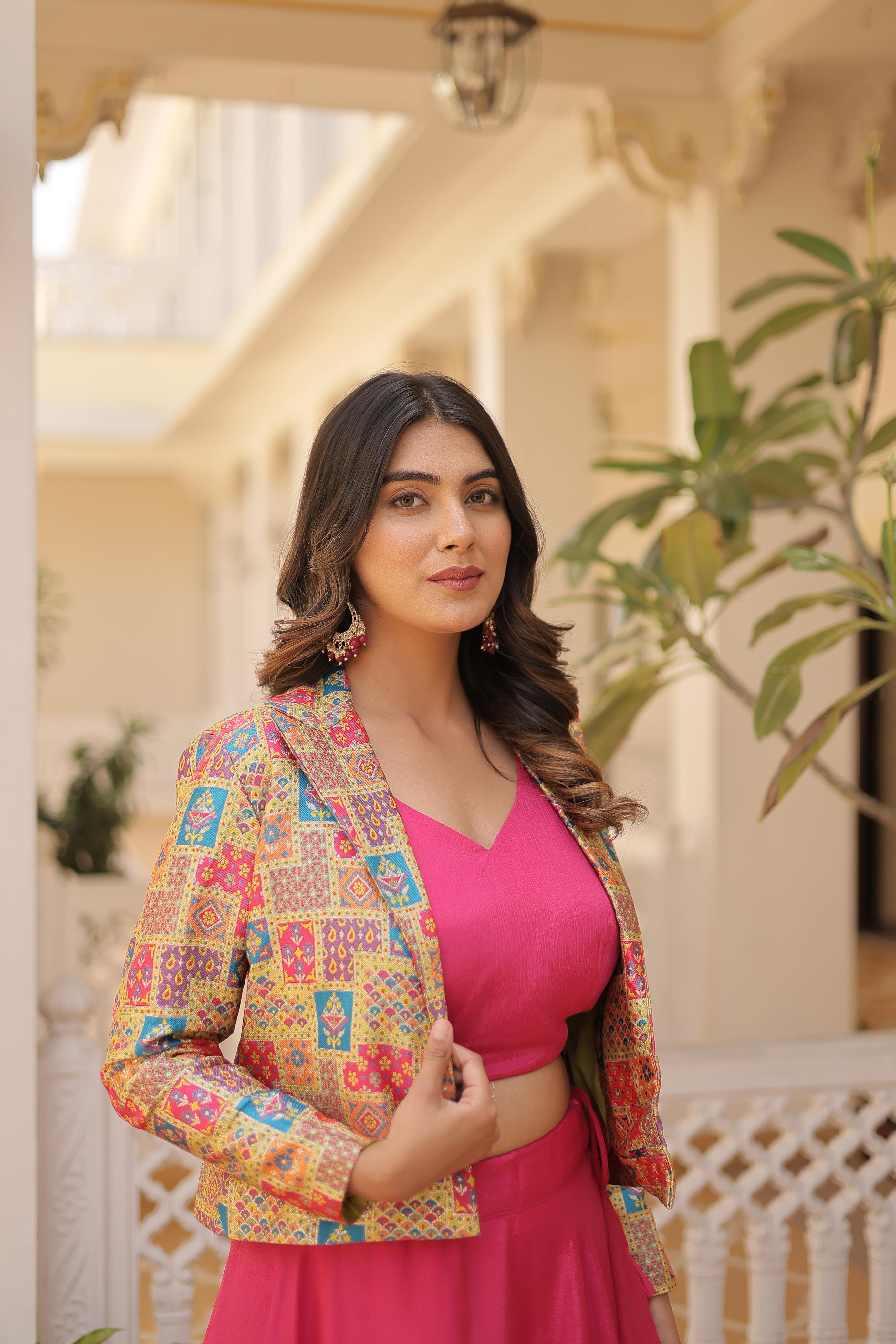 Lorenvalley Pink Premium Chinnon Lehenga Choli with Jacquard Woven Design Koti