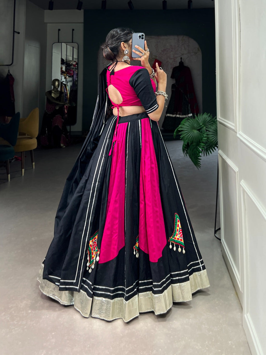 Lorenvalley Pink and Black Plain With Gamthi Patch Work & Gota Patti Lace also cowrie (kodi) lace touch up Lehenga Choli