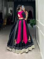 Lorenvalley Pink and Black Plain With Gamthi Patch Work & Gota Patti Lace also cowrie (kodi) lace touch up Lehenga Choli