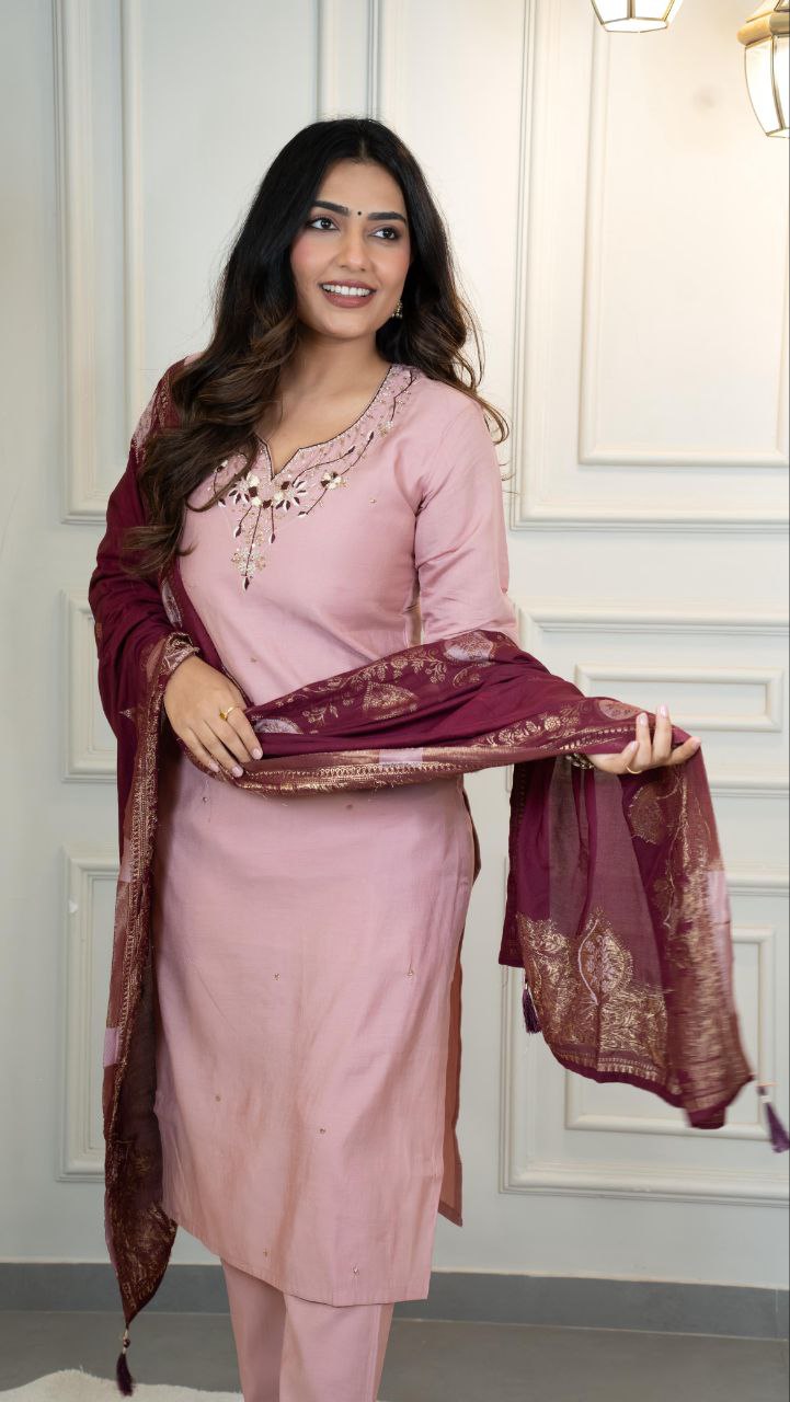 Lorenvalley Fashion Pink Roman Silk Hand Work Kurta Pant with Dupatta - Distacart