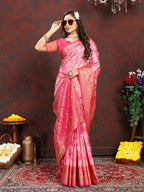 Lorenvalley Fashion Pink Organza Silk Woven Design with Rich Meenakari Weaving Pallu Saree