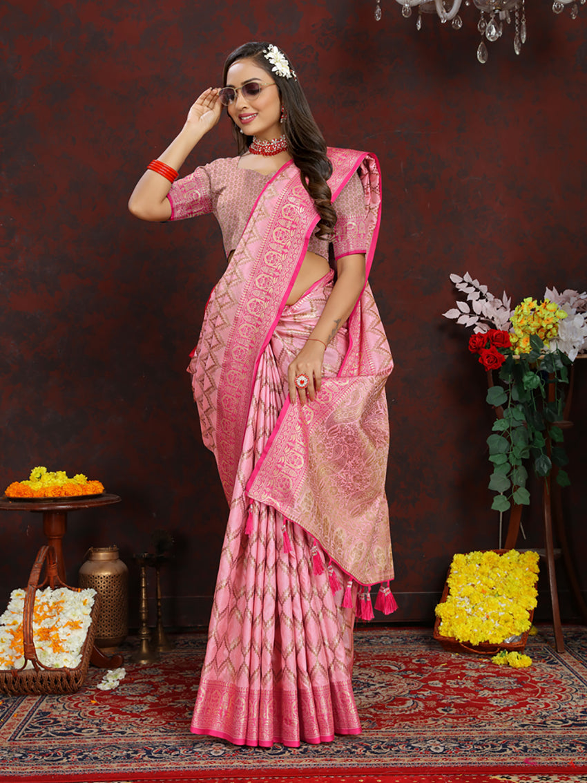 Lorenvalley Fashion Pink Soft Katan Silk Woven Design Rich Zari Weaving Pallu Saree