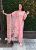 Lorenvalley Fashion Pink Roman Silk Hand Work Kurta Pant with Dupatta - Distacart