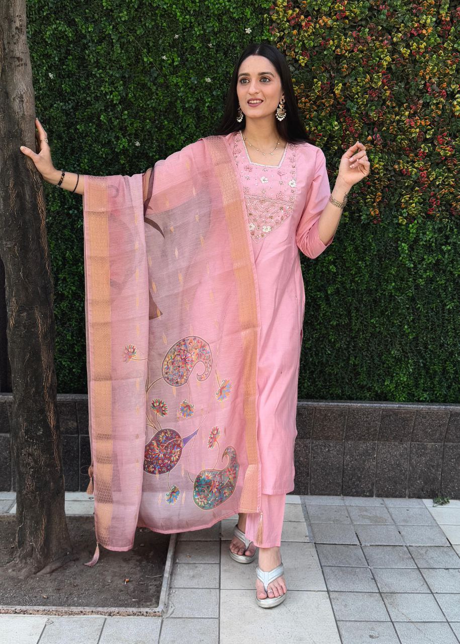 Lorenvalley Fashion Pink Roman Silk Hand Work Kurta Pant with Dupatta - Distacart