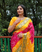 Lorenvalley Premium Pure Bandhej Tapeta Soft light weight silk saree with zari weaving Border - Multicolor
