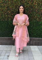 Lorenvalley Fashion Pink Roman Silk Hand Work Kurta Pant with Dupatta - Distacart