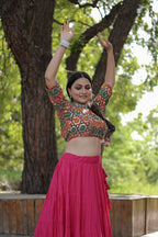 Lorenvalley Pink Premium Rayon Lehenga with Georgette Embroidered Traditional Thread work Choli
