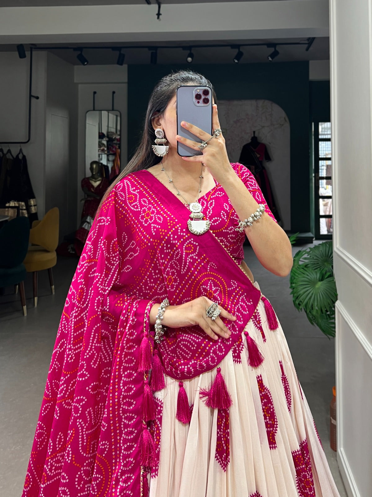 Lorenvalley Pink Tussar Silk with Bandhej Print Lehenga Choli