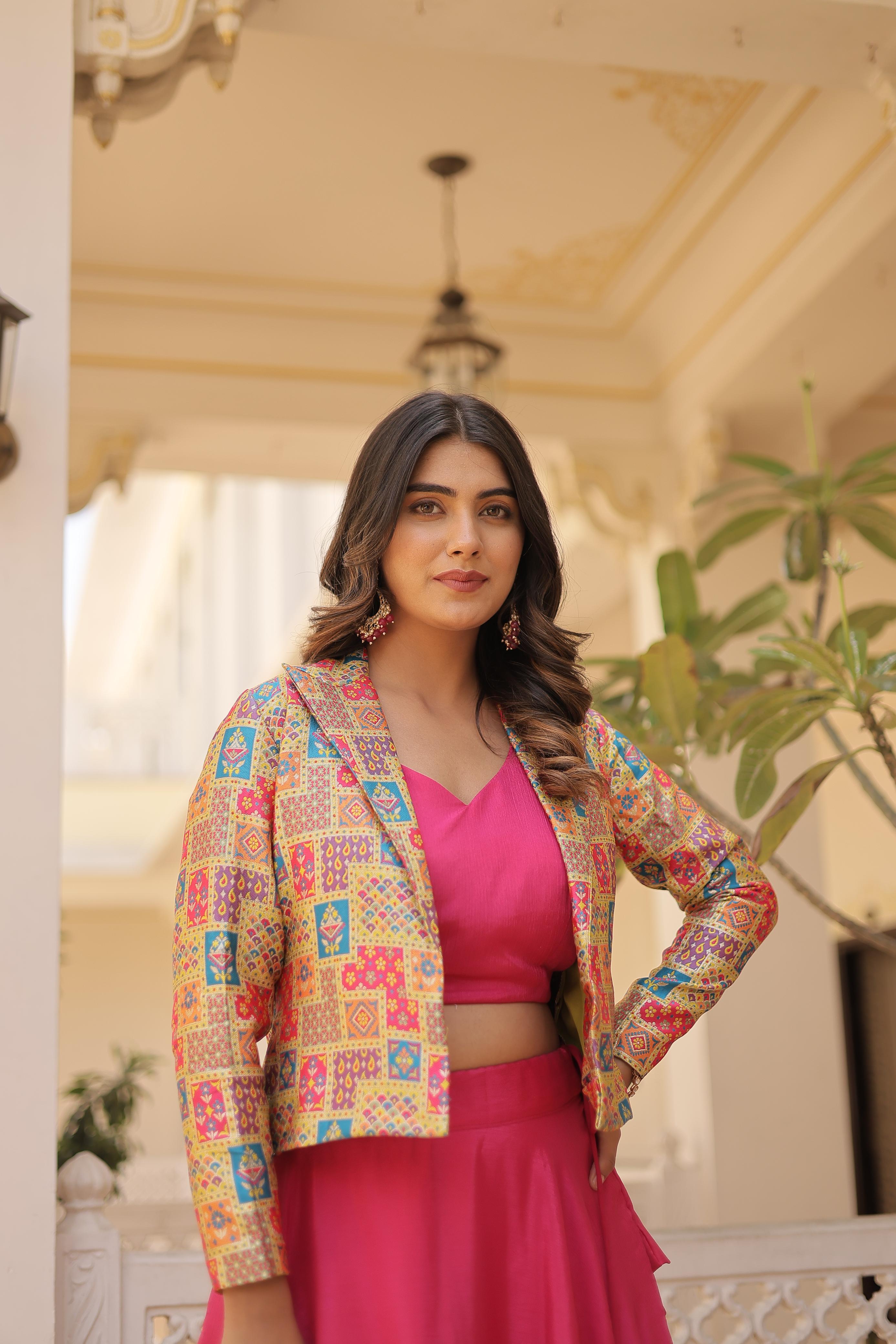 Lorenvalley Pink Premium Chinnon Lehenga Choli with Jacquard Woven Design Koti