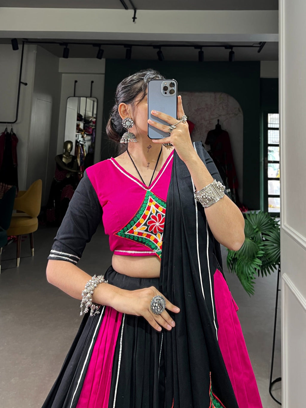 Lorenvalley Pink and Black Plain With Gamthi Patch Work & Gota Patti Lace also cowrie (kodi) lace touch up Lehenga Choli
