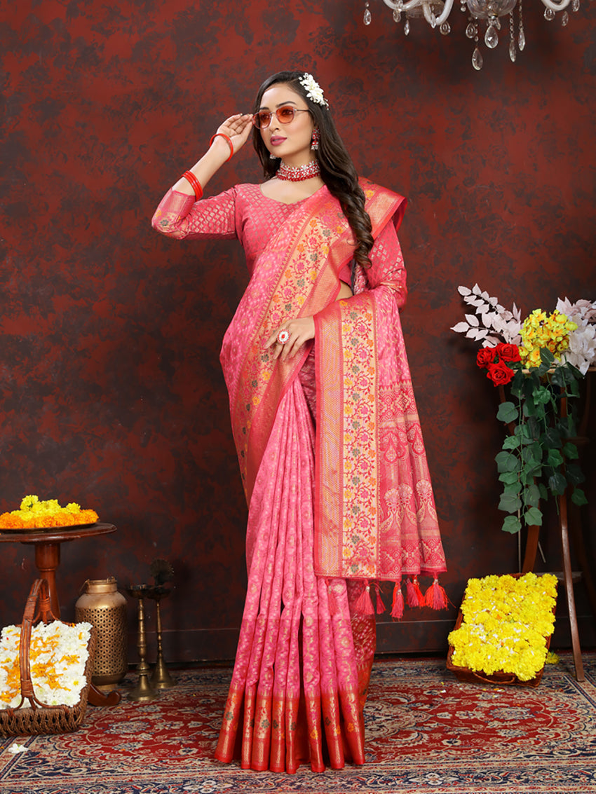 Lorenvalley Fashion Pink Organza Silk Woven Design with Rich Meenakari Weaving Pallu Saree