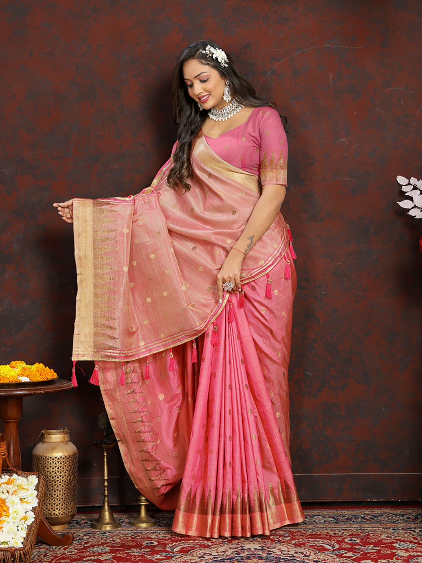 Lorenvalley Fashion Pink Soft Katan Silk Woven Design Zari Weaving Pallu Saree