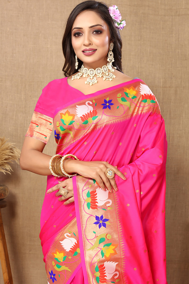 Lorenvalley Fashion Pink Soft Paithani Silk Woven Design Rich Zari Meenakari Weaving Saree