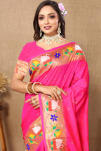 Lorenvalley Fashion Pink Soft Paithani Silk Woven Design Rich Zari Meenakari Weaving Saree