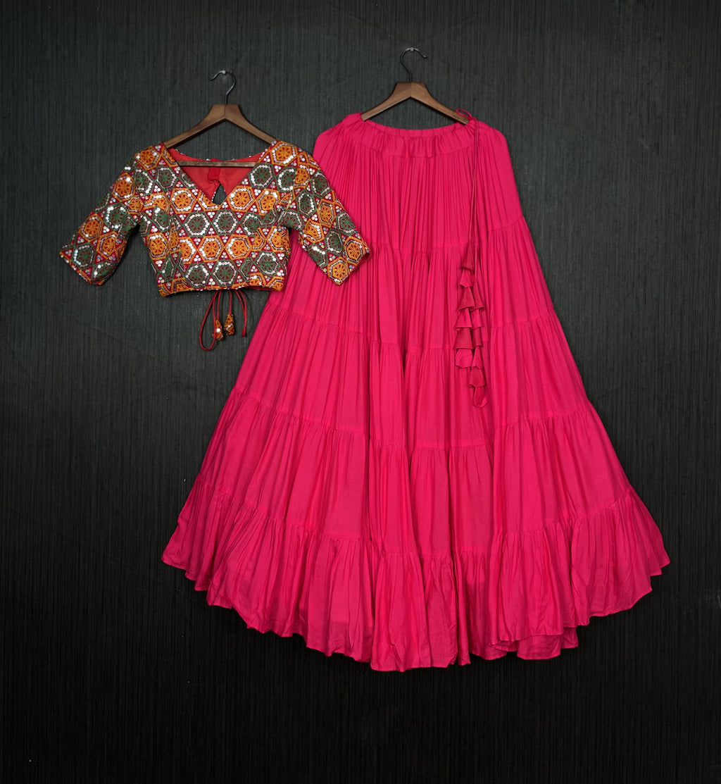 Lorenvalley Pink Premium Rayon Lehenga with Georgette Embroidered Traditional Thread work Choli