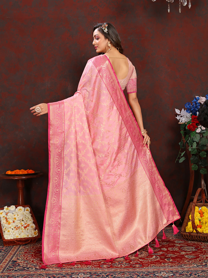 Lorenvalley Fashion Pink Soft Katan Silk Woven Design Zari Weaving Pallu Saree