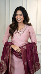 Lorenvalley Fashion Pink Roman Silk Hand Work Kurta Pant with Dupatta - Distacart