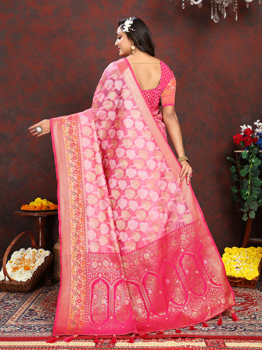 Lorenvalley Fashion Pink Organza Silk Woven Design with Rich Meenakari Weaving Pallu Saree