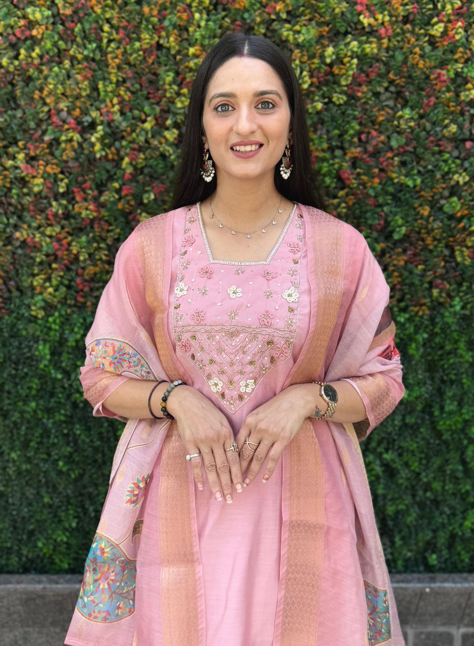 Lorenvalley Fashion Pink Roman Silk Hand Work Kurta Pant with Dupatta - Distacart