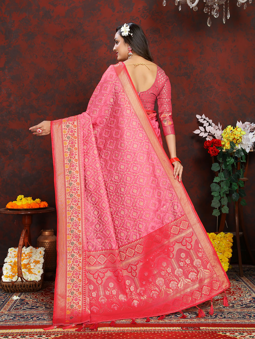 Lorenvalley Fashion Pink Organza Silk Woven Design with Rich Meenakari Weaving Pallu Saree