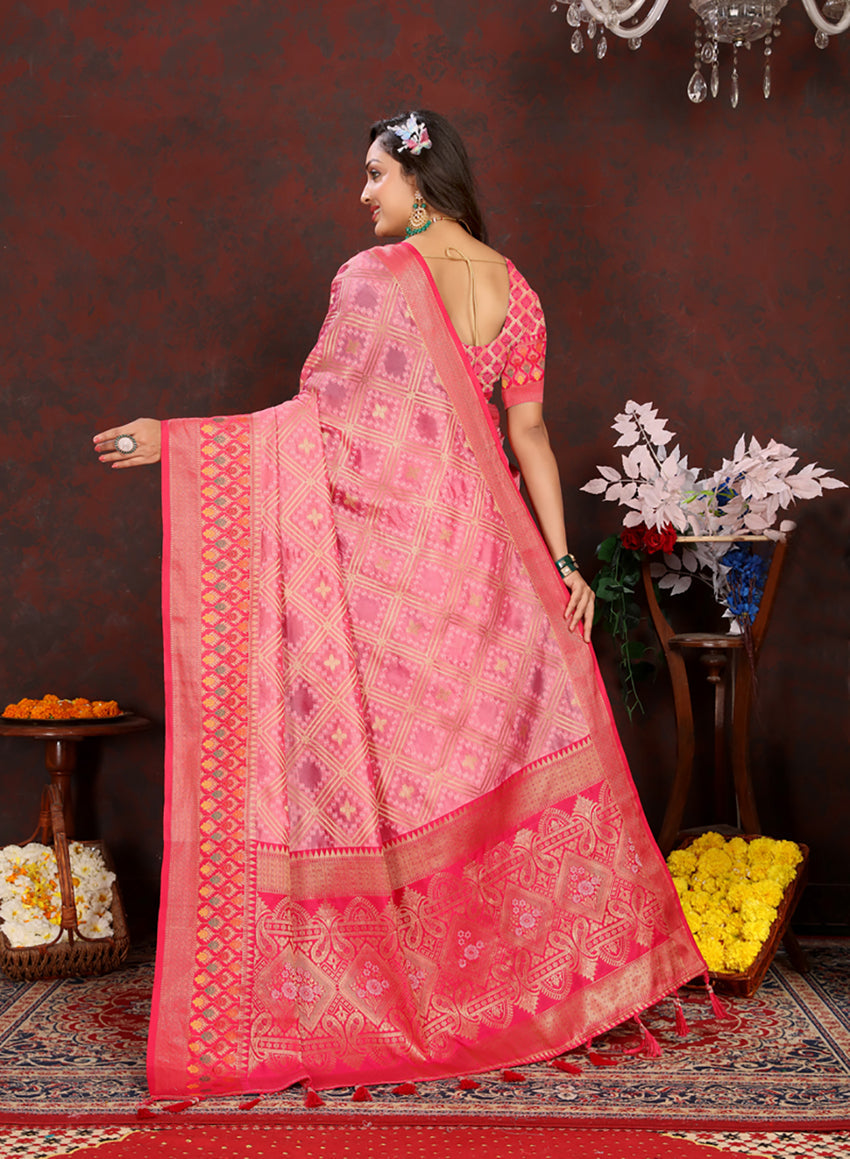 Lorenvalley Fashion Pink Organza Silk Woven Design with Rich Meenakari Weaving Pallu Saree