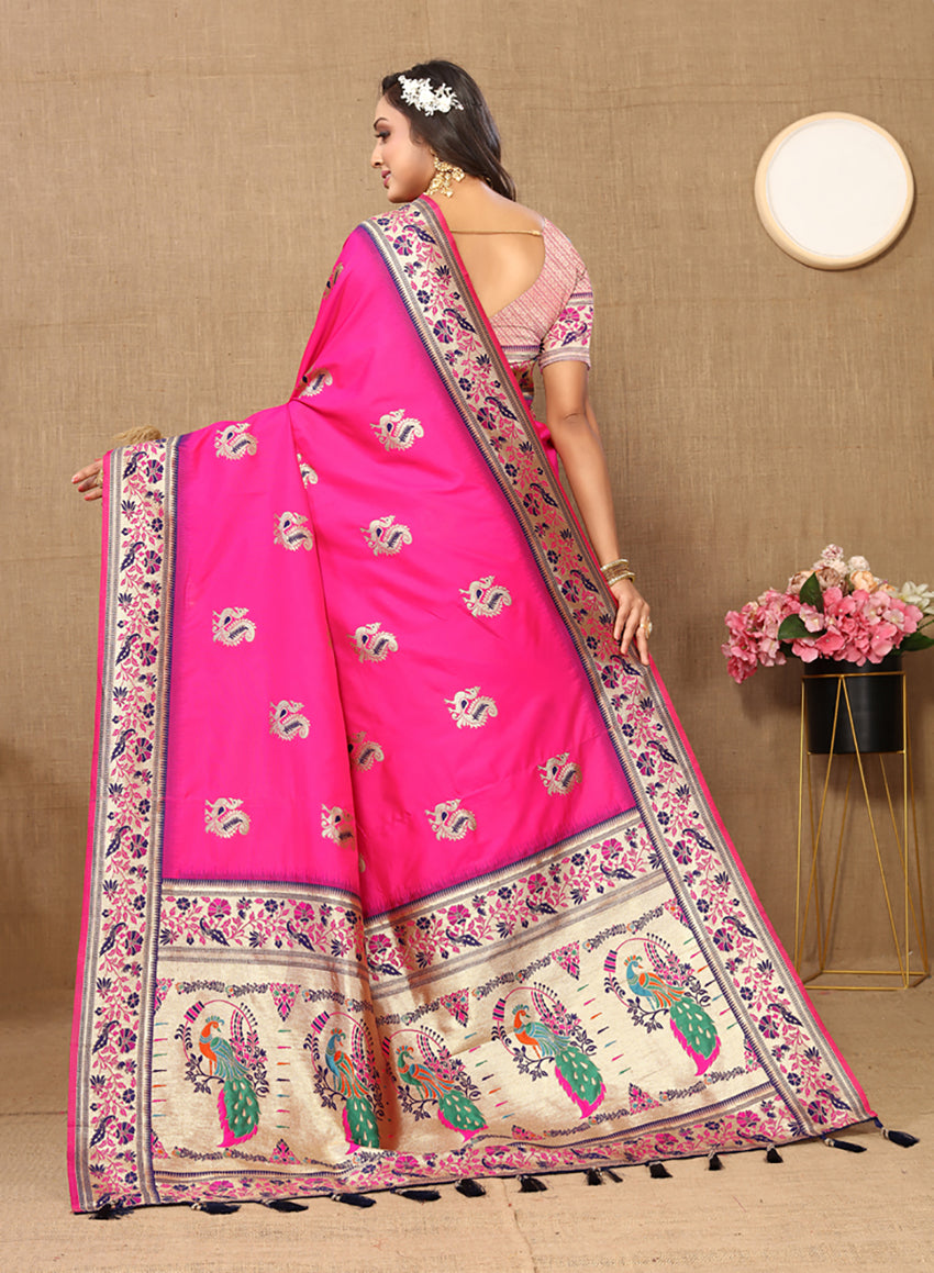 Lorenvalley Fashion Pink Soft Paithani Silk Woven Design Rich Meenakari Zari Weaving Pallu Saree