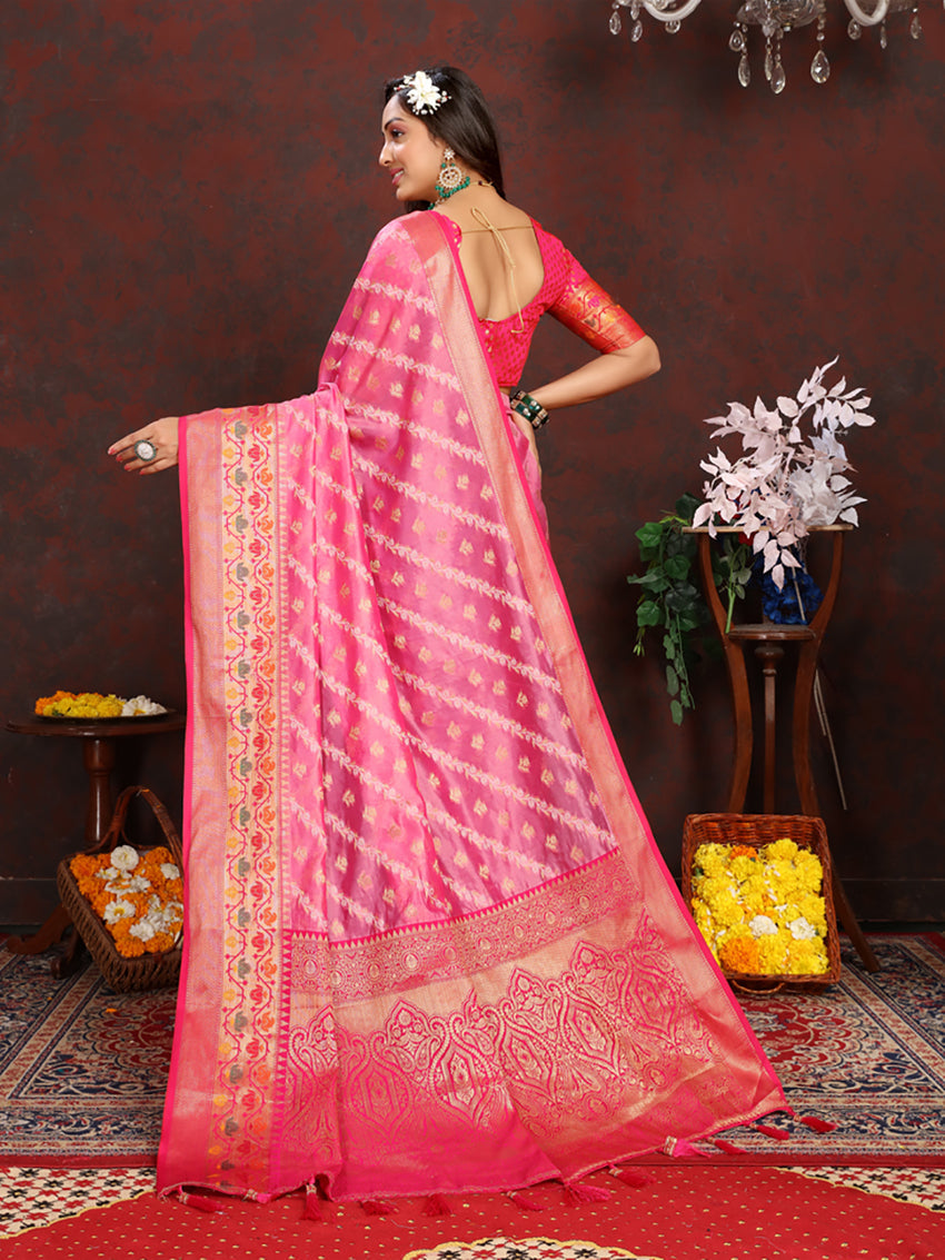 Lorenvalley Fashion Pink Organza Silk Woven Design with Rich Meenakari Weaving Pallu Saree
