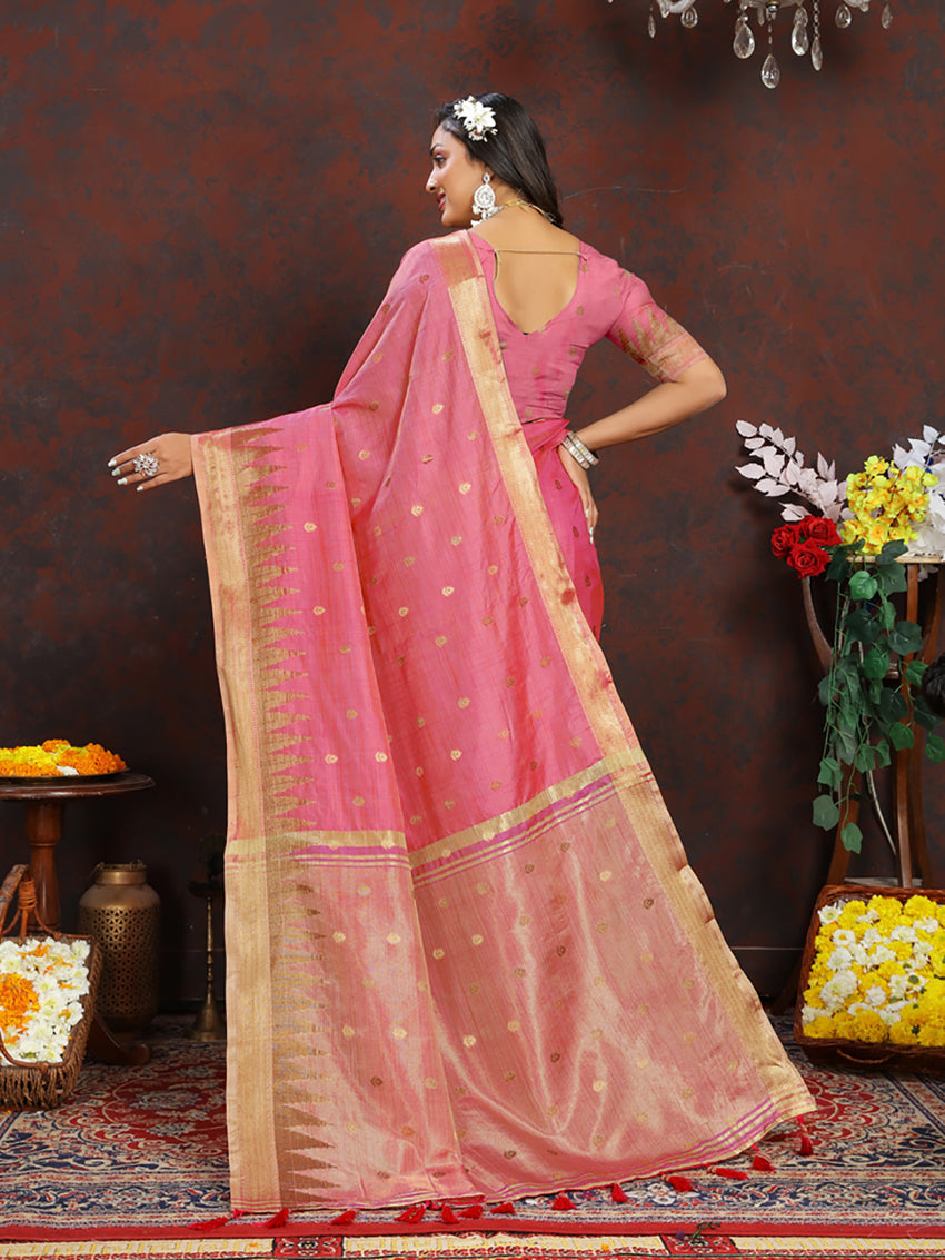 Lorenvalley Fashion Pink Soft Katan Silk Woven Design Zari Weaving Pallu Saree
