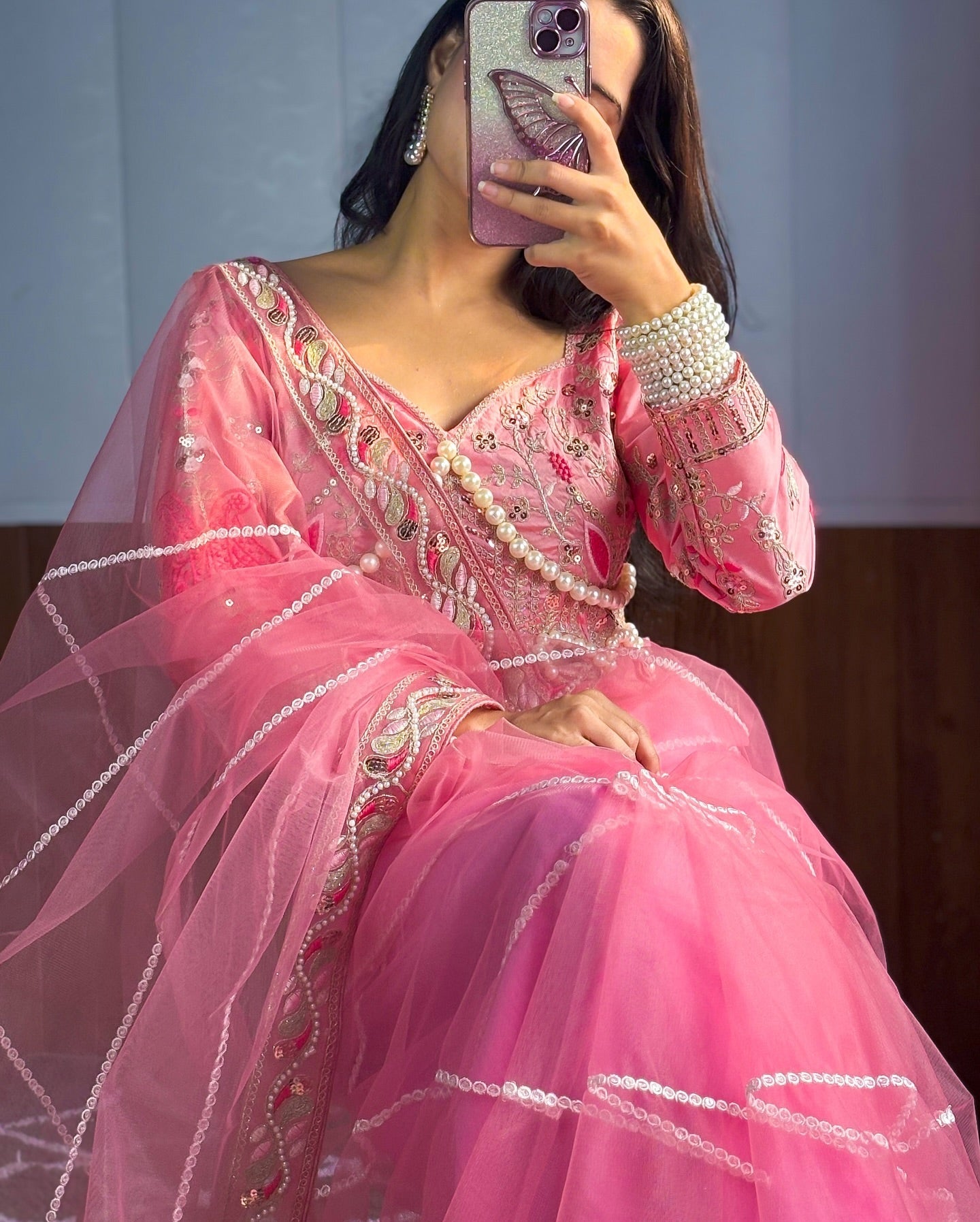 Evanik Pink Net Embroidery work Saree with Moti Hand work Blouse