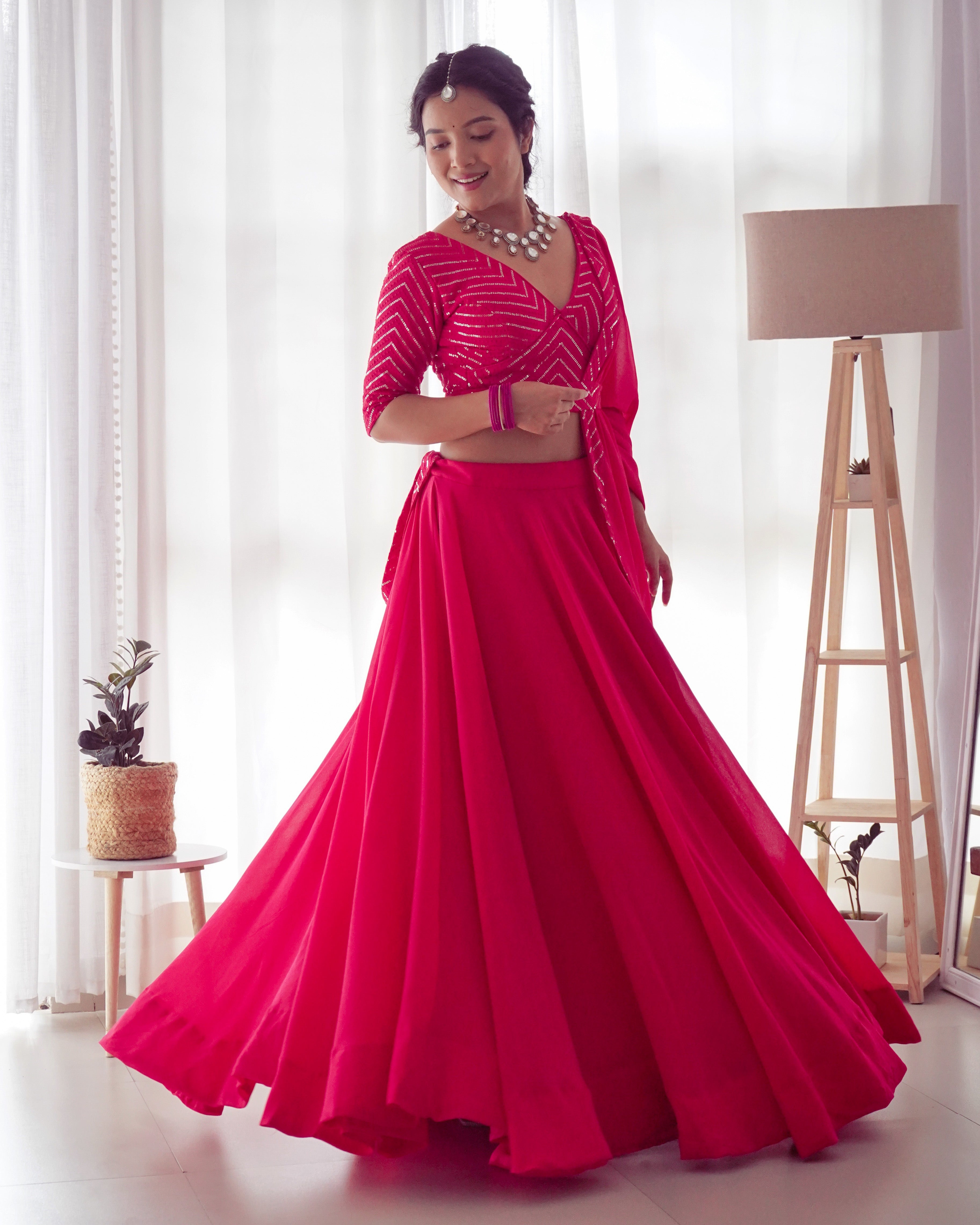 Lorenvalley Pink Faux Georgette Plain Micro Cotton Full Inner with Canvas Patta Double Lining Lehenga Choli