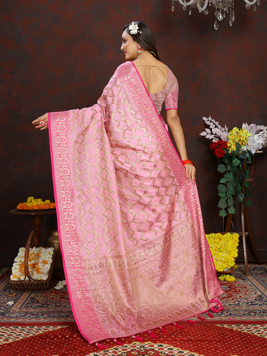 Lorenvalley Fashion Pink Soft Katan Silk Woven Design Rich Zari Weaving Pallu Saree
