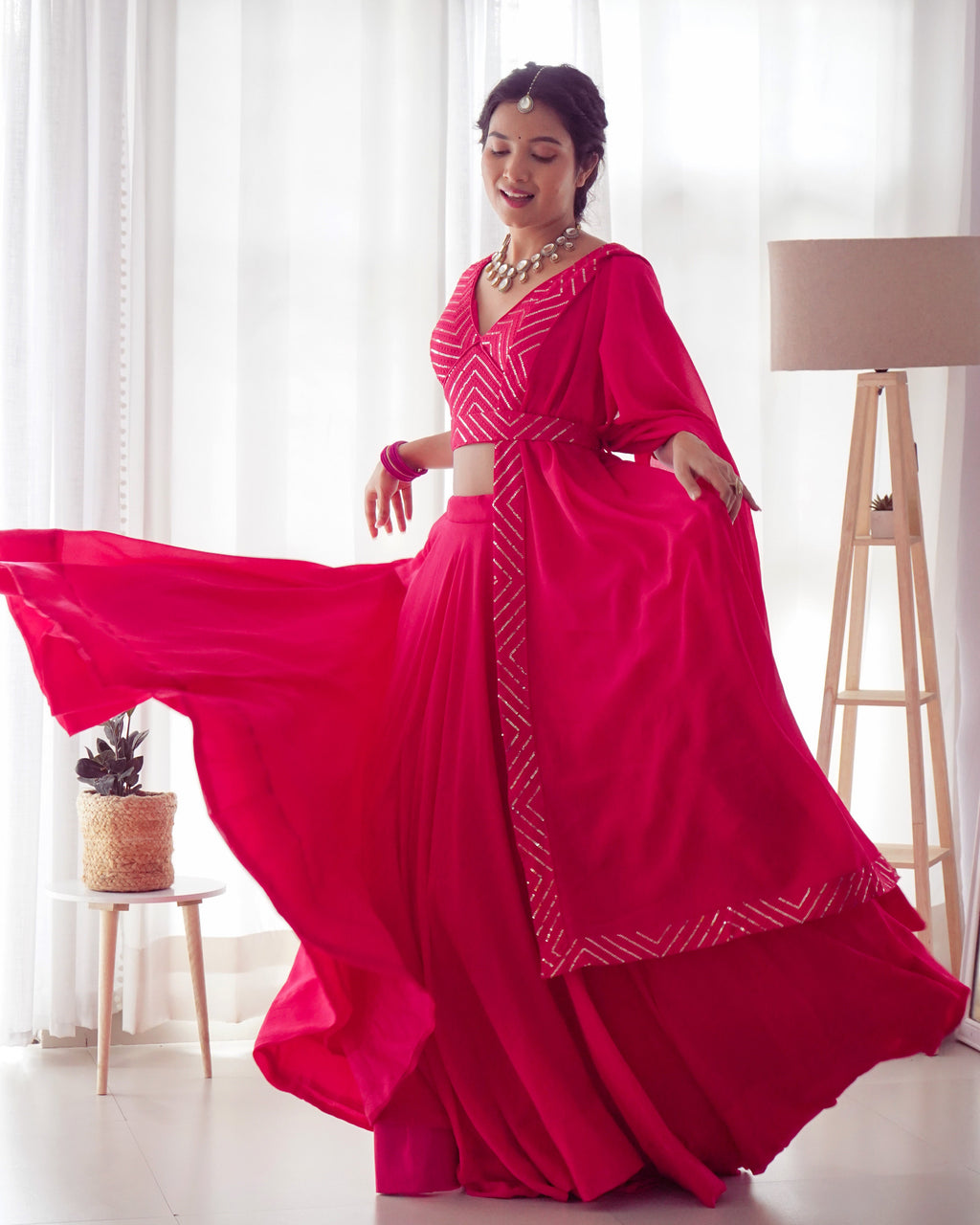Lorenvalley Pink Faux Georgette Plain Micro Cotton Full Inner with Canvas Patta Double Lining Lehenga Choli