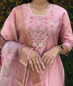Lorenvalley Fashion Pink Roman Silk Hand Work Kurta Pant with Dupatta - Distacart