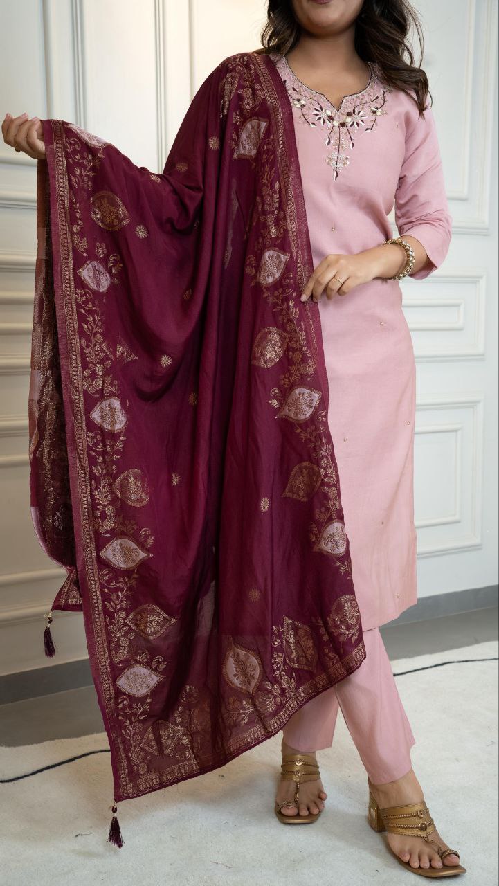 Lorenvalley Fashion Pink Roman Silk Hand Work Kurta Pant with Dupatta - Distacart