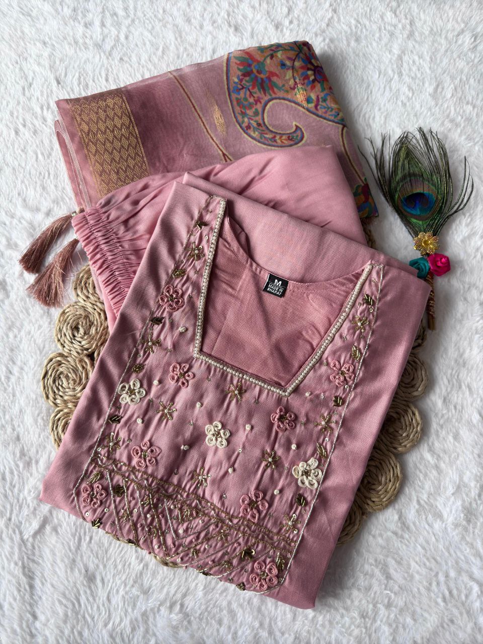 Lorenvalley Fashion Pink Roman Silk Hand Work Kurta Pant with Dupatta - Distacart