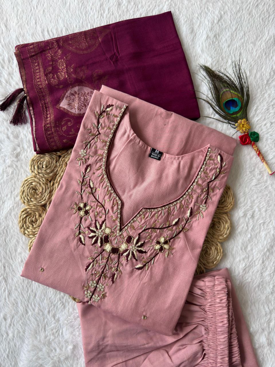 Lorenvalley Fashion Pink Roman Silk Hand Work Kurta Pant with Dupatta - Distacart