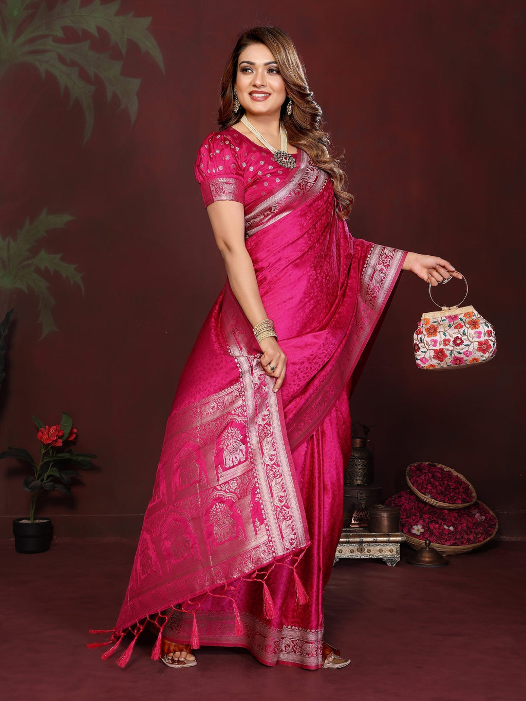 Anaita Pink Zari Weaving Work Satin Silk Saree With Blouse - Distacart