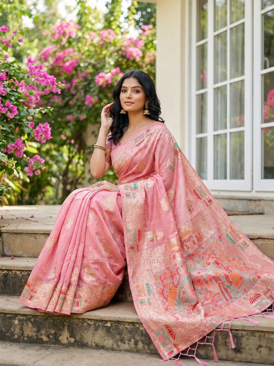 Anaita Pink Linen Woven Work Saree With Blouse - Distacart